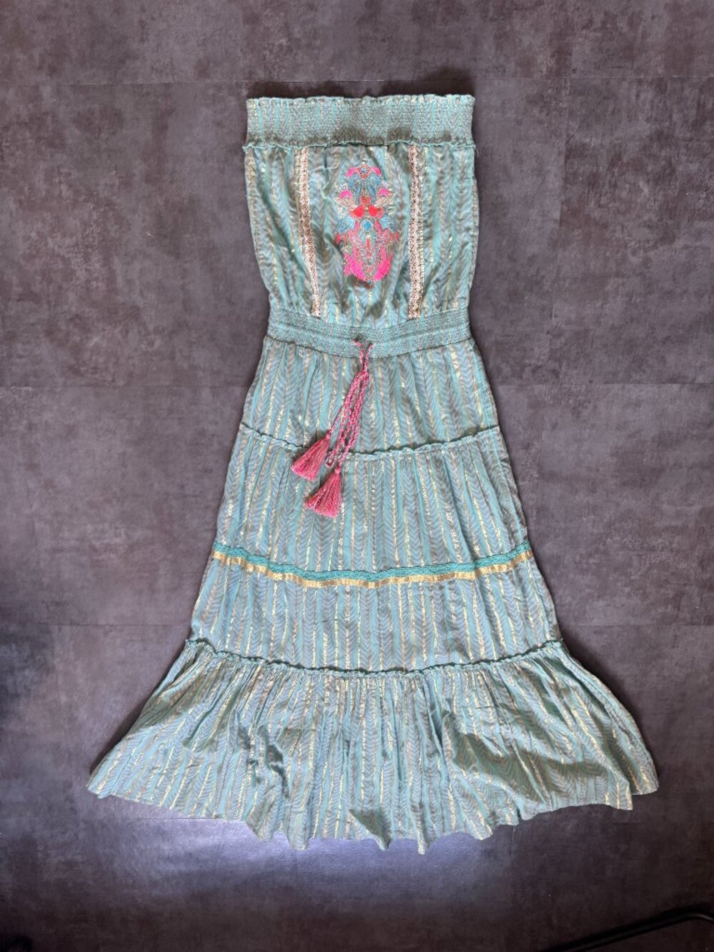 Turquoise Strapless Maxi Dress with metalic & embroidered floral accents.